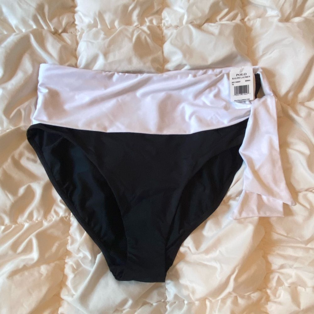Ralph Lauren BLACK/WHITE Bel Aire High-Waist Tie Bikini Swim Bottom Size 16